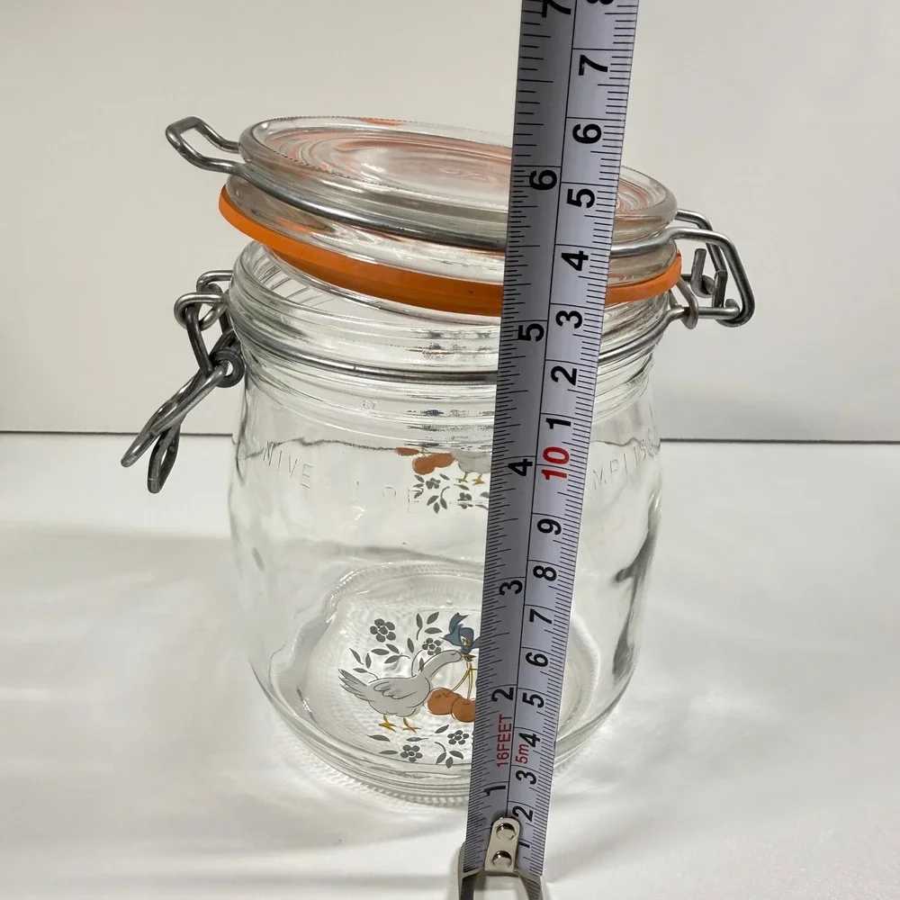 Vintage 80s Arc France GOOSE & CHERRIES Glass Canister 3/4L Wire Bail Jar NICE
